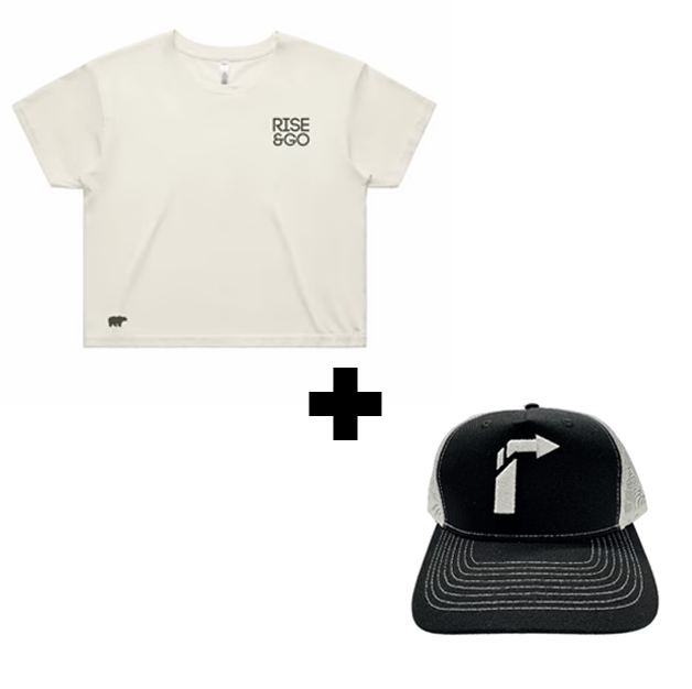 BUNDLE: RISE & GO WOMEN'S CROP TEE + ELEVANT TRUCKER SNAPBACK