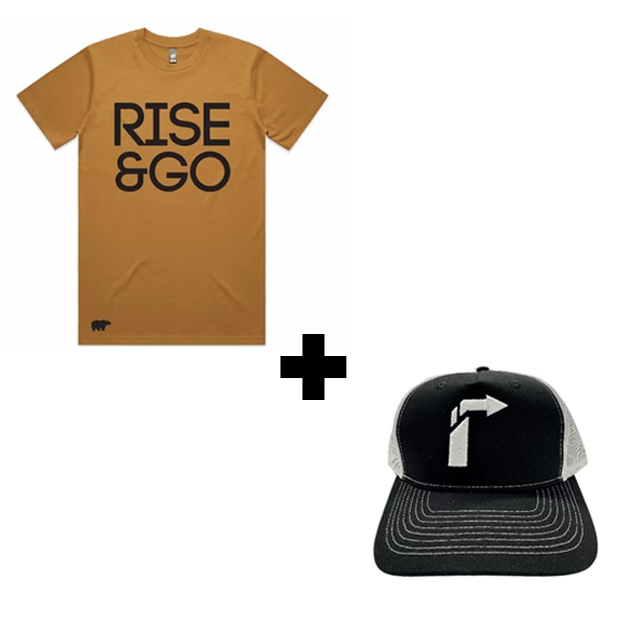 BUNDLE: CAMEL RISE & GO TEE + ELEVANT TRUCKER SNAPBACK