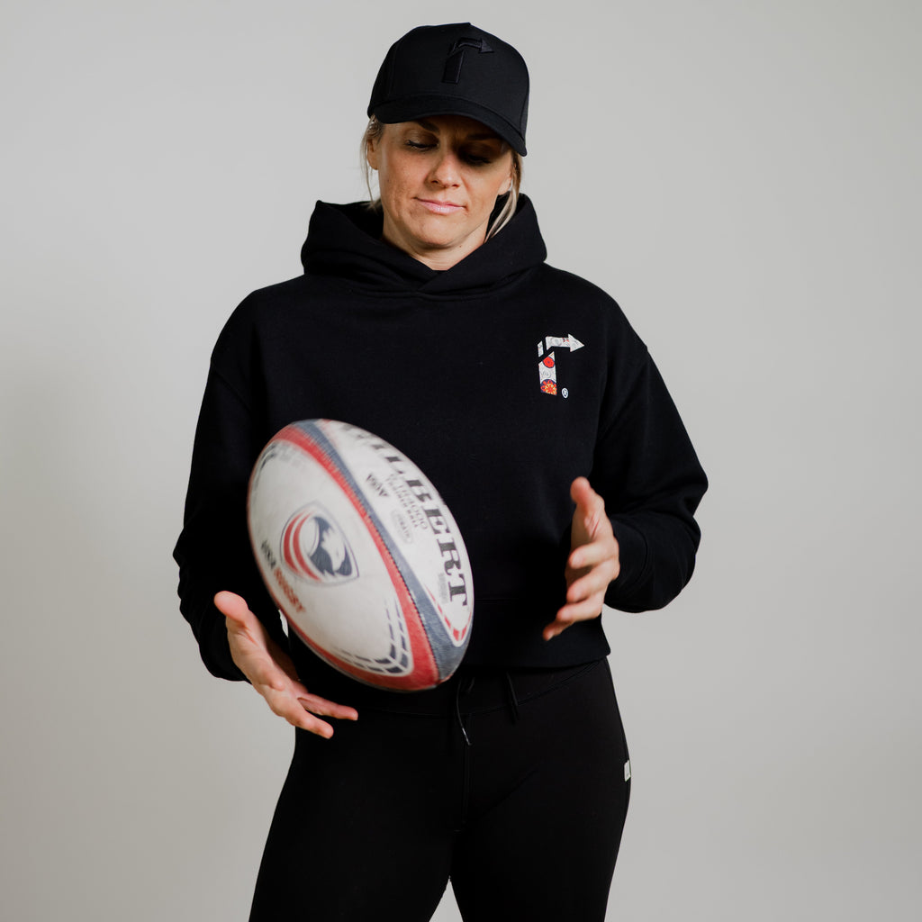 Black Floral Arrow Crop Sweatshirt – Women’s Cropped Pullover for Stylish Comfort