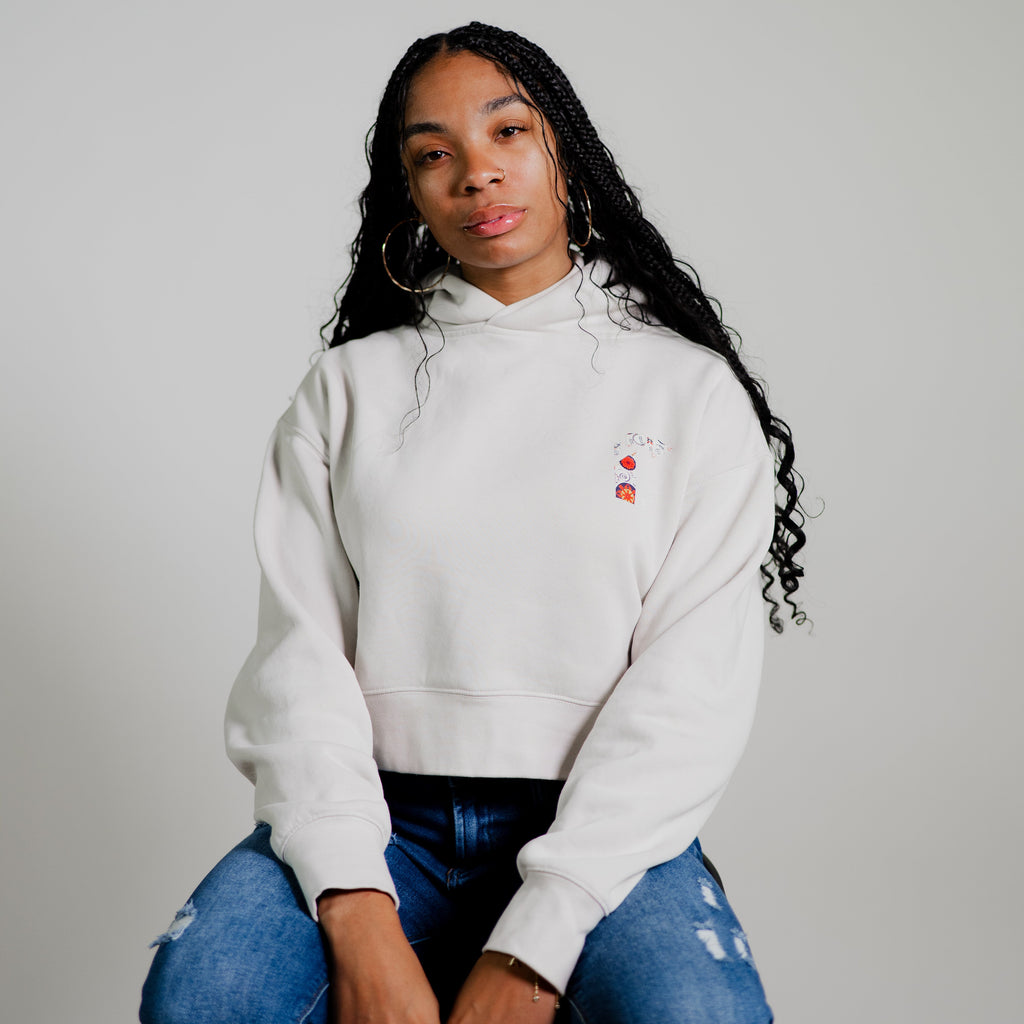 White Floral Arrow Crop Sweatshirt – Women’s Cropped Pullover for Everyday Comfort & Style