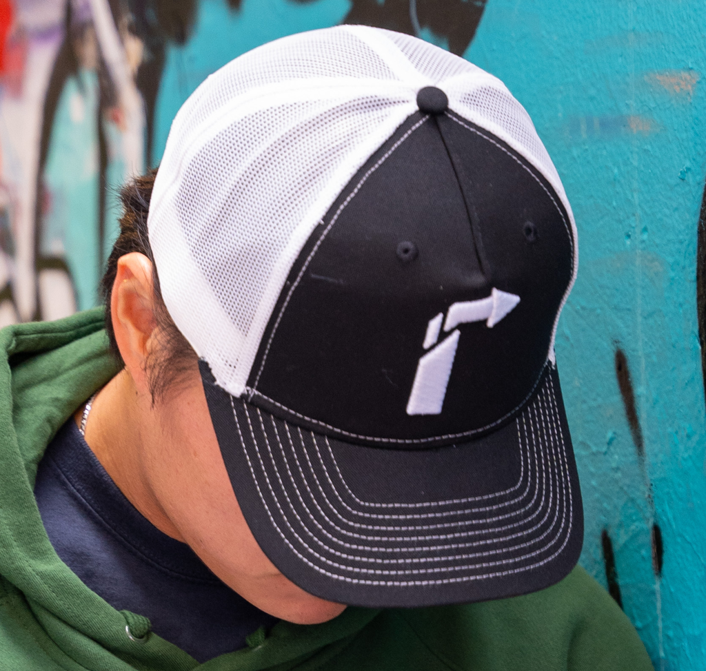 Elevant Trucker Snapback Hat – White Arrow Logo, Mesh Back, Adjustable Fit