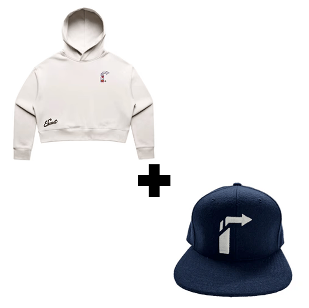 BUNDLE: WHITE FLORAL ARROW CROP SWEATSHIRT + NAVY BLUE METON WOOL LEATHER STRAP HAT
