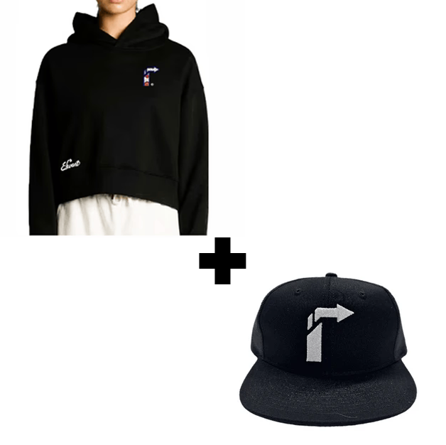 BUNDLE: BLACK FLORAL ARROW CROP SWEATSHIRT + BLACK MELTON WOOL LEATHER STRAP HAT