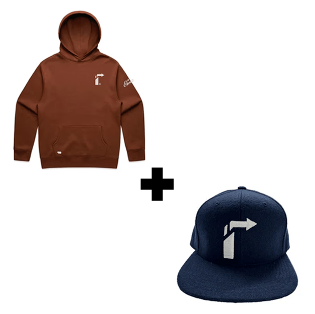 BUNDLE: CAMEL STENCIL SWEATSHIRT + NAVY BLUE METON WOOL LEATHER STRAP HAT