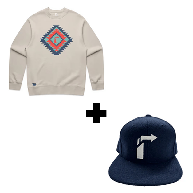 BUNDLE: RELAXED CREW AZTEC ARROW SWEATSHIRT+ NAVY BLUE METON WOOL LEATHER STRAP HAT