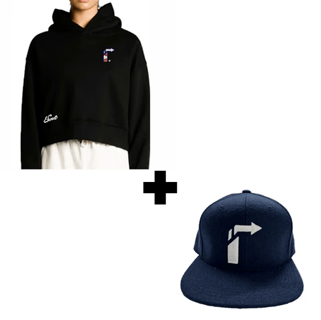 BUNDLE: BLACK FLORAL ARROW CROP SWEATSHIRT + NAVY BLUE METON WOOL LEATHER STRAP HAT