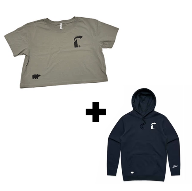BUNDLE: RISE & GO WOMEN’S ARROW CROP TEE + ELEVANT MIDNIGHT BLUE HOODIE