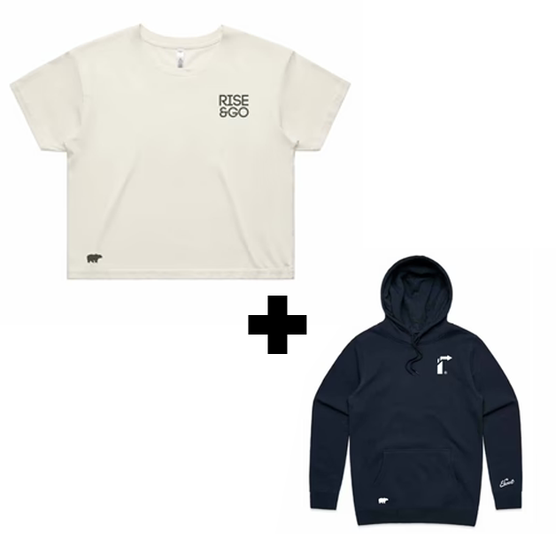 BUNDLE: RISE & GO WOMEN'S CROP TEE + ELEVANT MIDNIGHT BLUE HOODIE