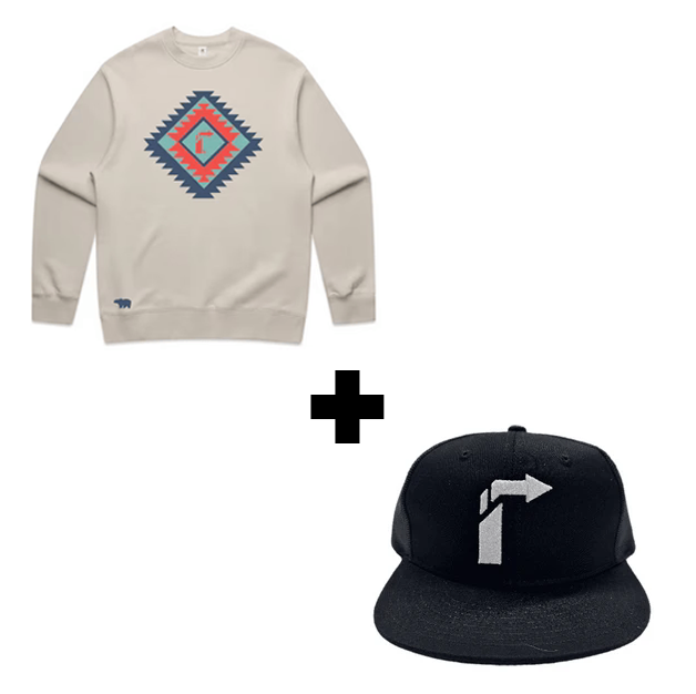 BUNDLE: RELAXED CREW AZTEC ARROW SWEATSHIRT+ BLACK MELTON WOOL LEATHER STRAP HAT